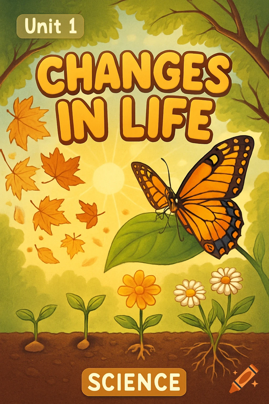 A colorful, cartoon-style science book cover for 'Unit 1: Changes in Life,' showing a butterfly, autumn leaves, and plants growing from sprouts to flowers.