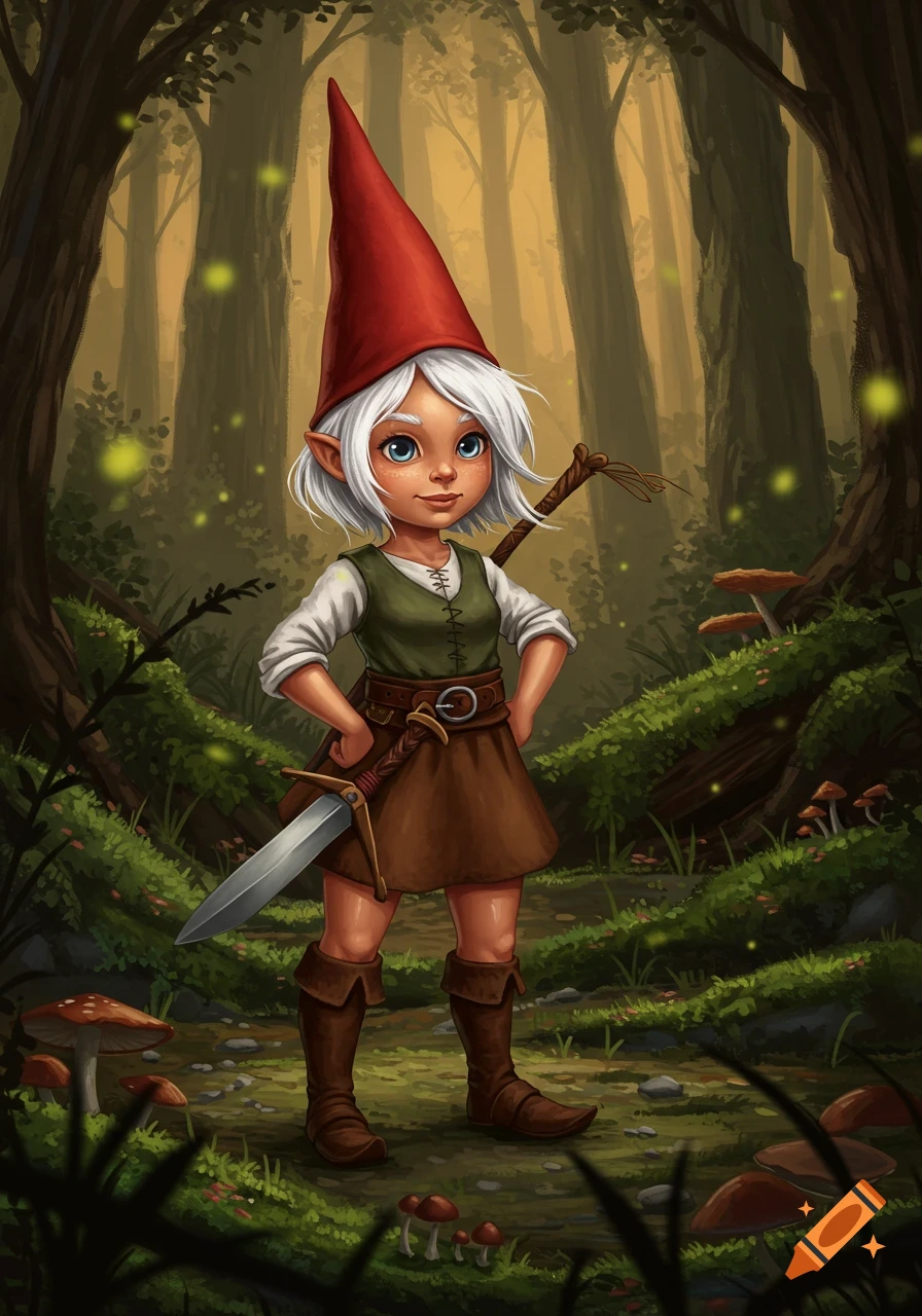 Illustrative portrait of a young white-haired female gnome with a red hat and sword, standing in a magical forest with glowing elements.