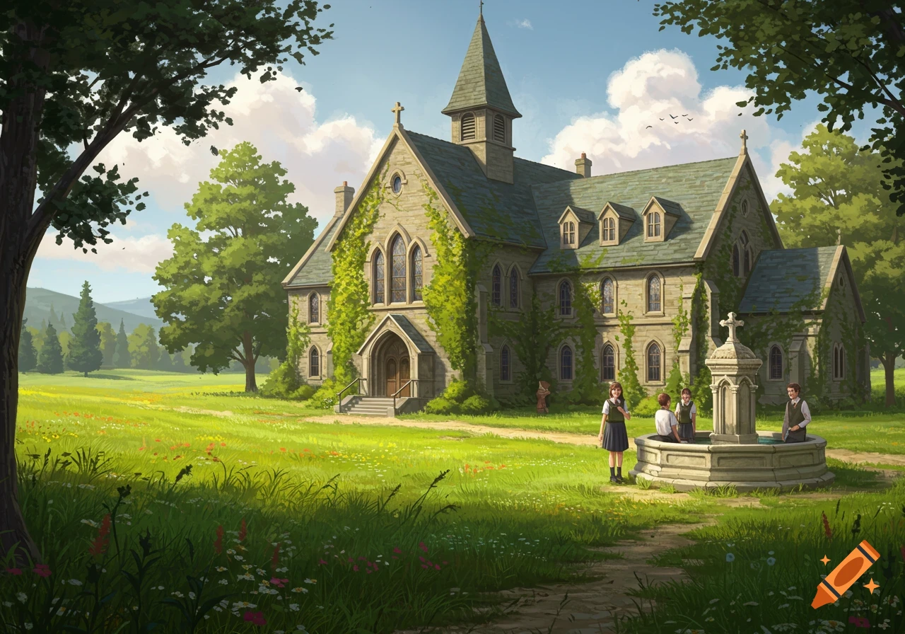 Illustrated stone church or boarding school in a green countryside, with children near a fountain under a blue sky.