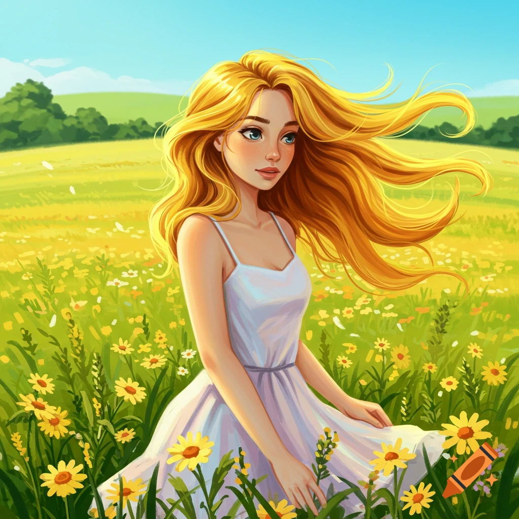 Vibrant illustration of a young woman with long blonde hair and a white dress standing in a sunny field of yellow flowers.