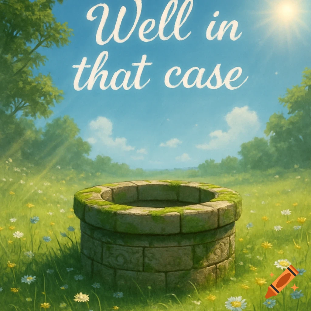 An illustrative painting of a moss-covered stone well in a sunny, green wildflower field under a blue sky. Text: 'Well in that case'.