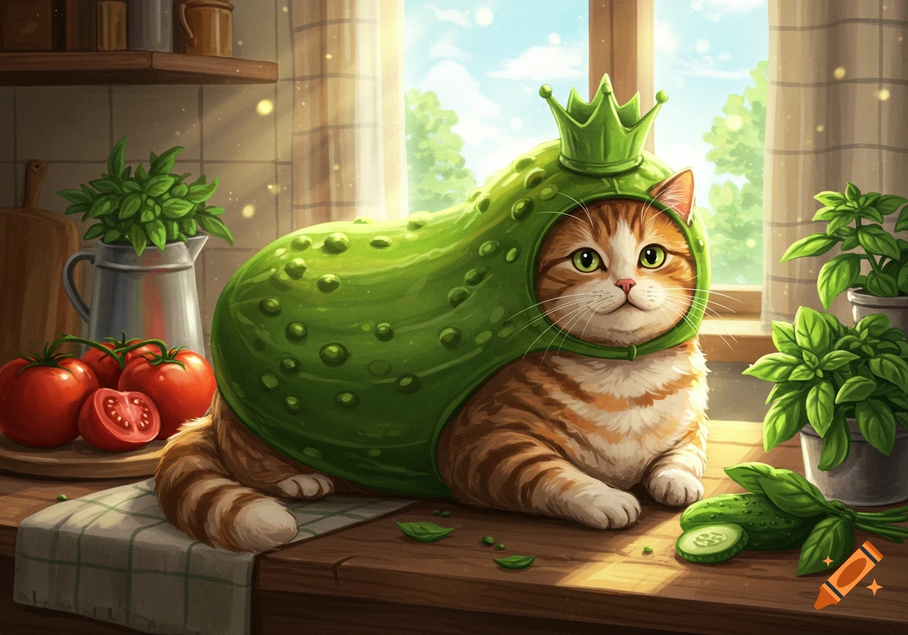 An adorable tabby cat in a green pickle costume with a crown, sitting on a wooden kitchen counter with tomatoes and basil in sunlight.