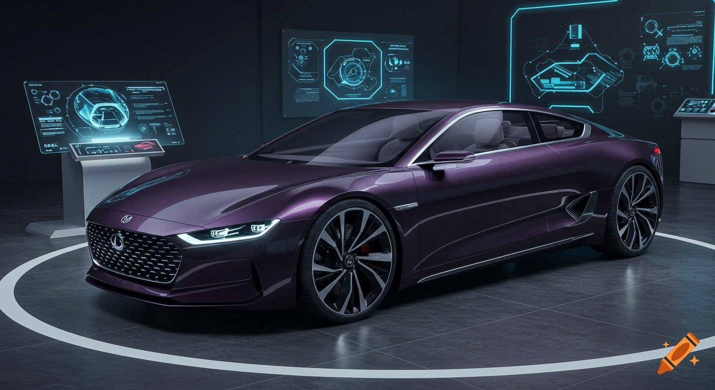 Photorealistic image of a sleek, dark purple metallic futuristic concept car with glowing headlights, on display at a high-tech expo with holographic screens.