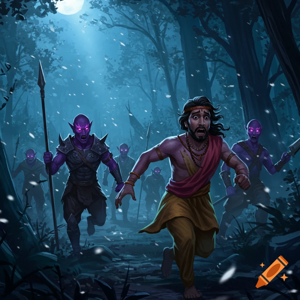 A frightened Indian man flees through a dark, snowy forest, pursued by glowing-eyed purple creatures with weapons under a full moon.
