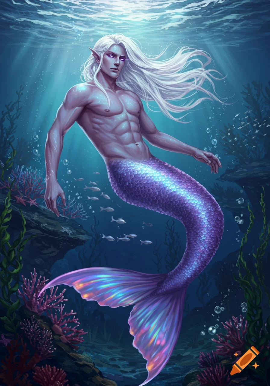 A muscular merman with long white hair, purple eyes, and an iridescent purple tail swims in a vibrant underwater scene.