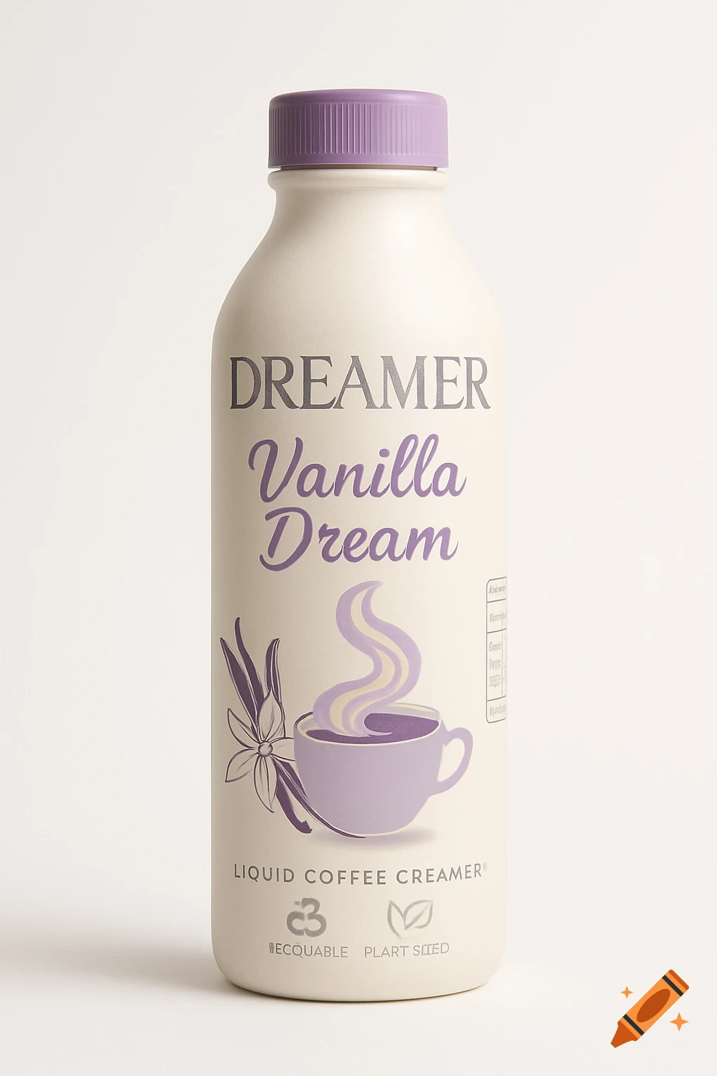 A matte off-white liquid coffee creamer bottle with a lavender cap. The label reads "Dreamer Vanilla Dream" and features a coffee cup illustration, set against a white background.