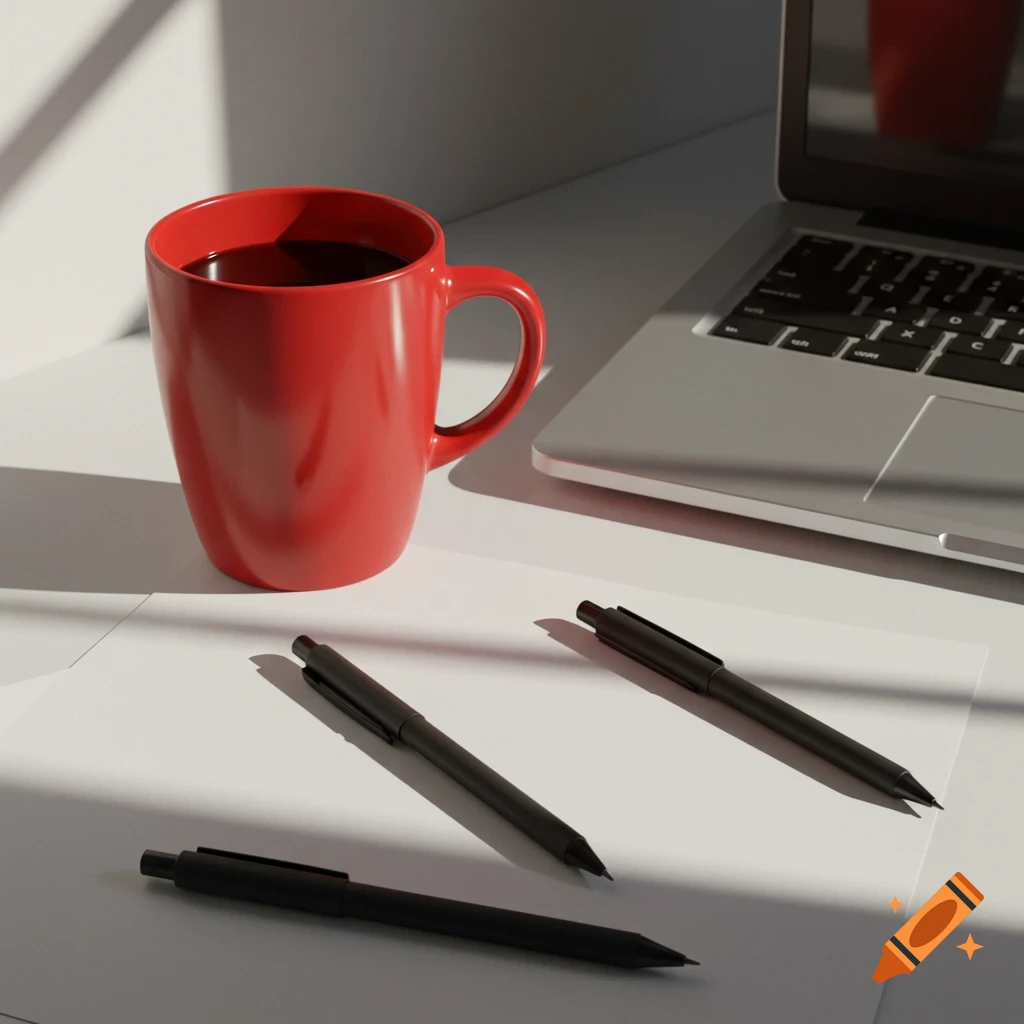 A red coffee mug, three black pens, a silver laptop, and white paper sit on a white desk with strong sunlight and shadows.