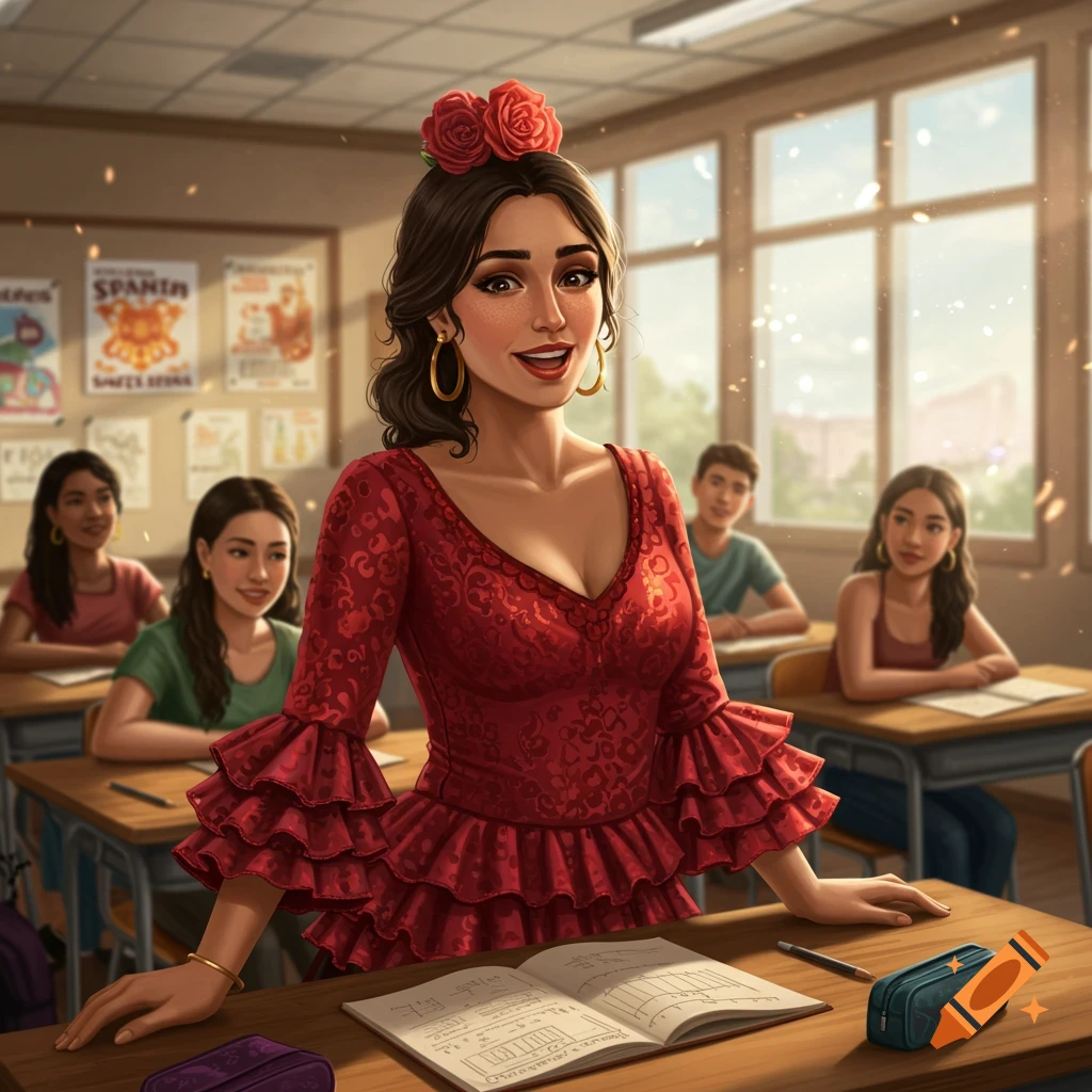 An illustration of a smiling Spanish teacher in a red flamenco-style dress, with roses in her hair, standing at her desk in a classroom with students.