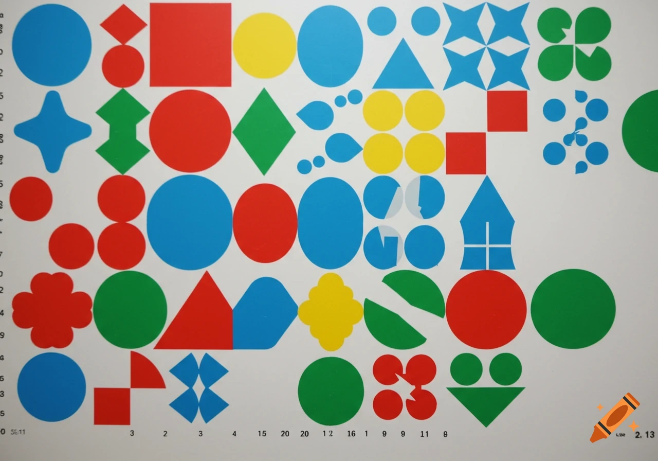A colorful abstract eye test chart with various geometric shapes like circles, squares, triangles, and complex forms in red, blue, green, and yellow on a white background, with numbers at the bottom and left.
