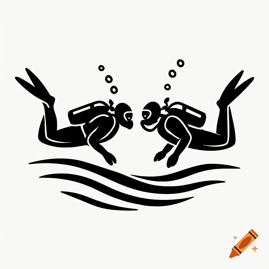 Two black silhouettes of scuba divers facing each other, surrounded by bubbles and water waves, in a logotype style.