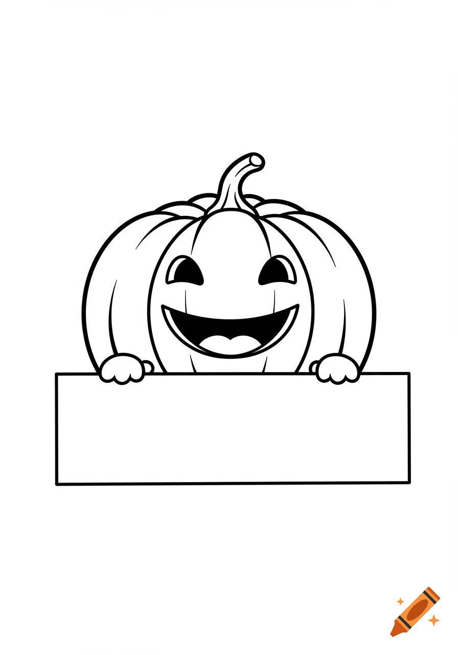 Black-and-white line art coloring page of a smiling jack-o'-lantern pumpkin holding a large blank sign.