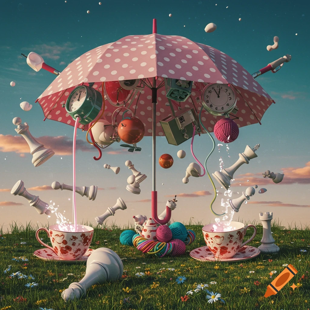 A whimsical outdoor scene with a pink polka-dot umbrella, floating chess pieces, teacups overflowing with light, yarn, and clocks in a grassy field.
