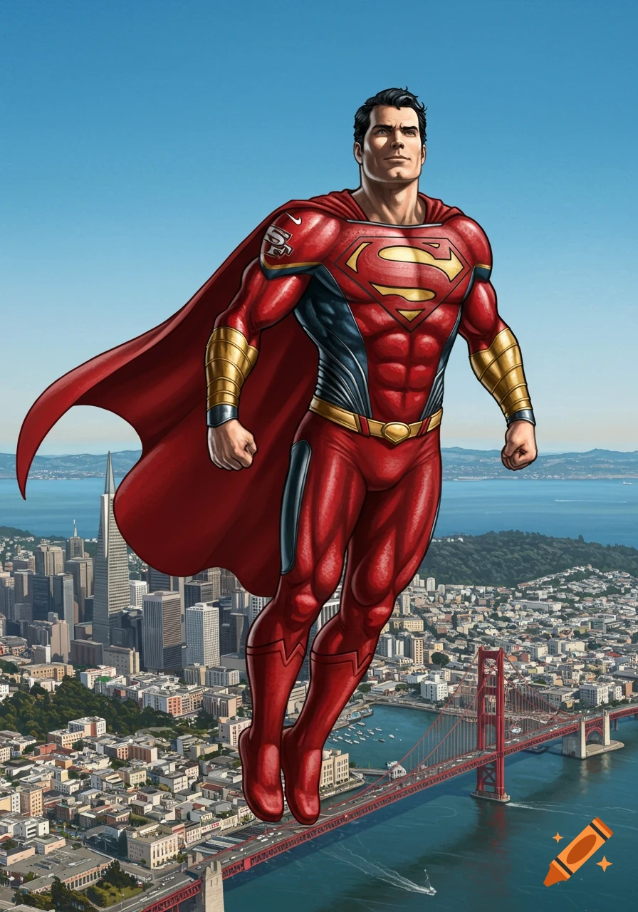 Superman in a red and gold 49ers-themed suit flies heroically over a detailed cityscape of San Francisco and the Golden Gate Bridge in comic book art style.