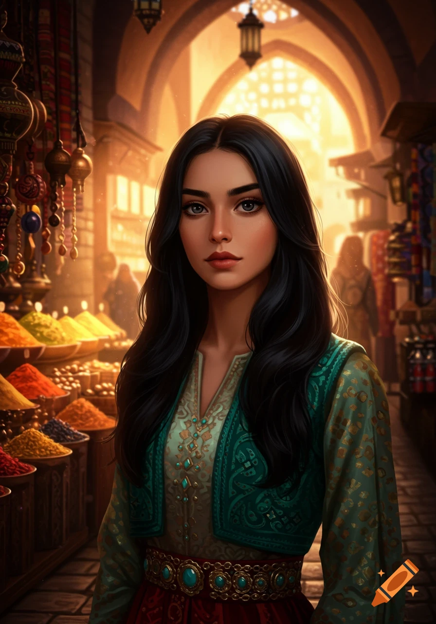 A beautiful woman with dark hair in a teal and red outfit stands in a vibrant, colorful spice market, digital art.