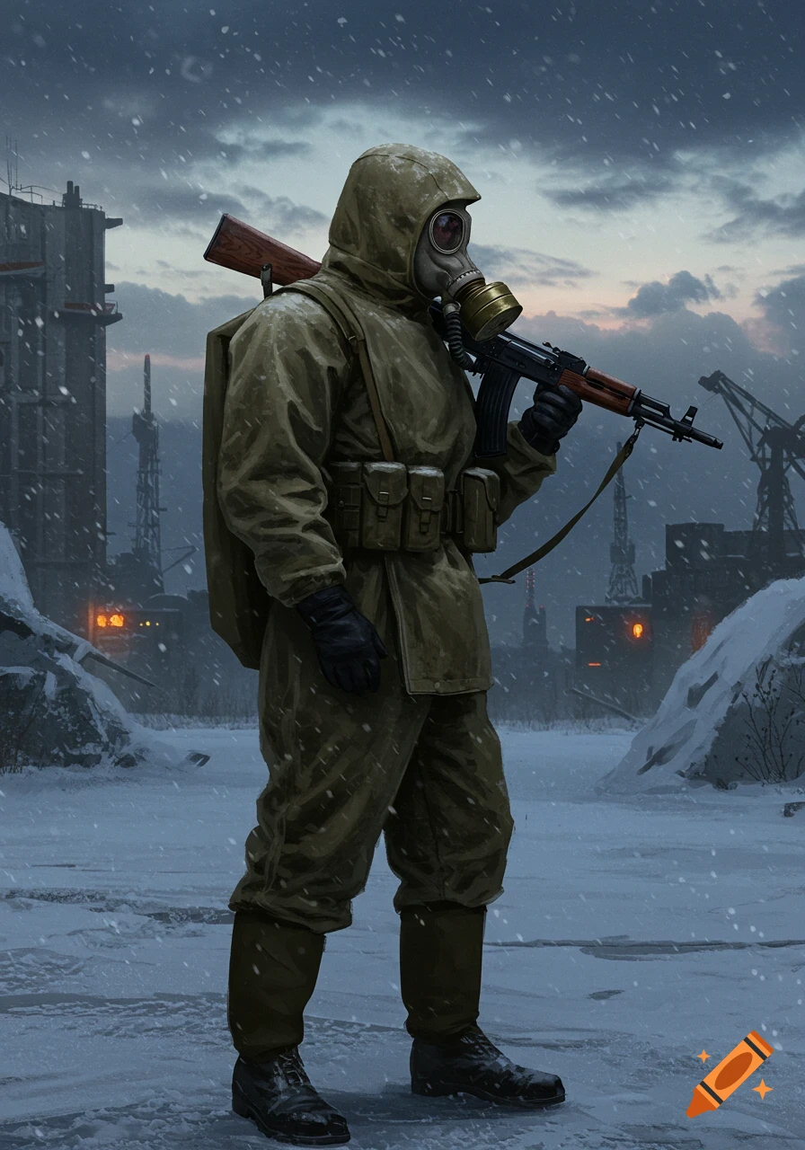 A soldier in a Soviet-style hazmat suit and gas mask, holding an AK-47, stands in a snowy, industrial landscape during a snowfall.