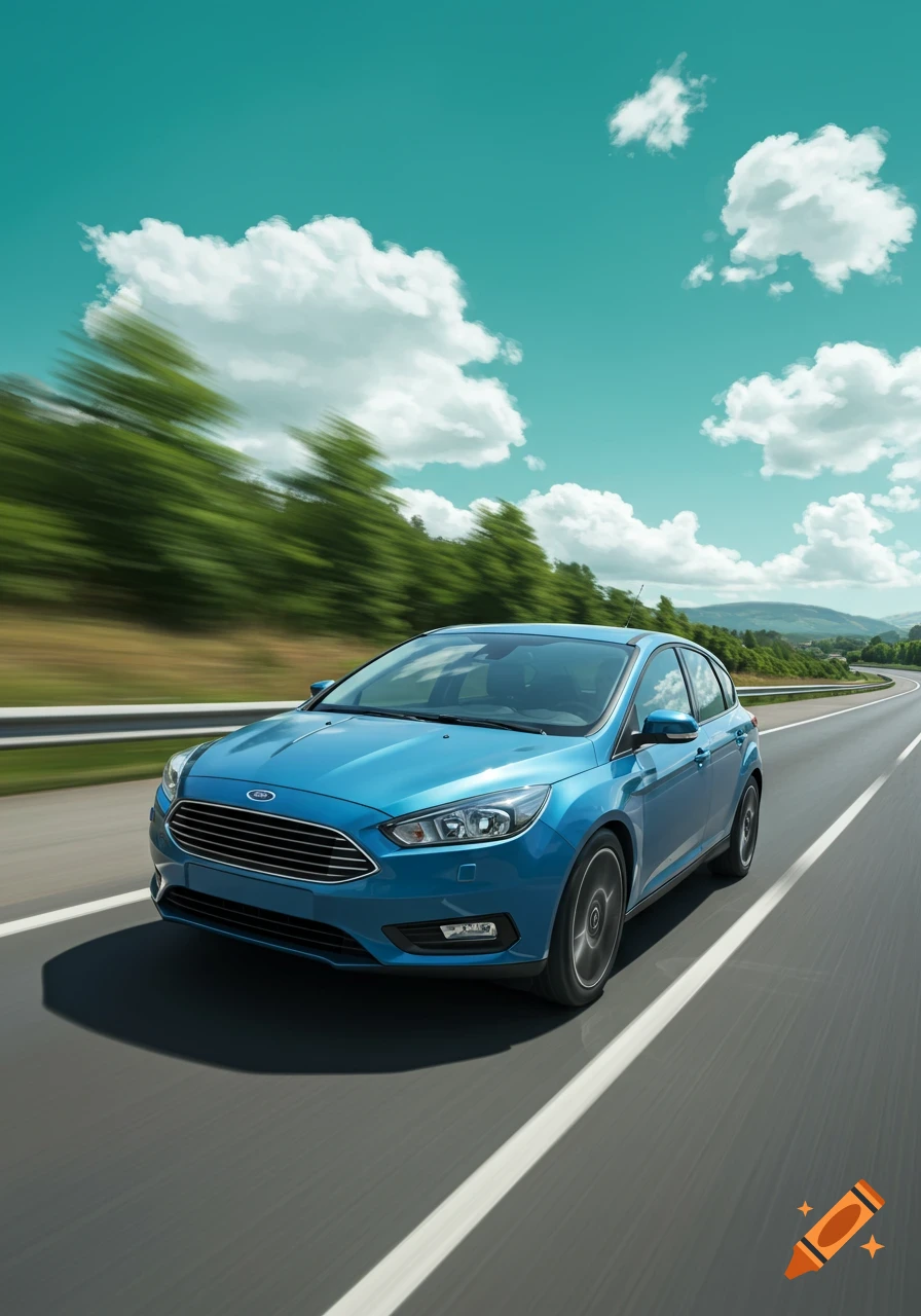 A photorealistic image of a blue Ford Focus driving on a motorway with motion-blurred trees and clouds in the background.