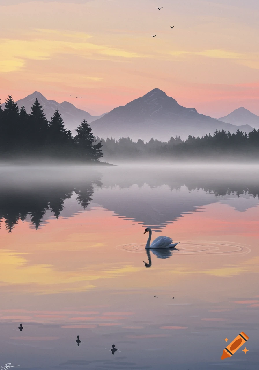 A serene misty lake with a white swan and its reflection, silhouetted evergreen trees, and mountains under a colorful sunset sky.