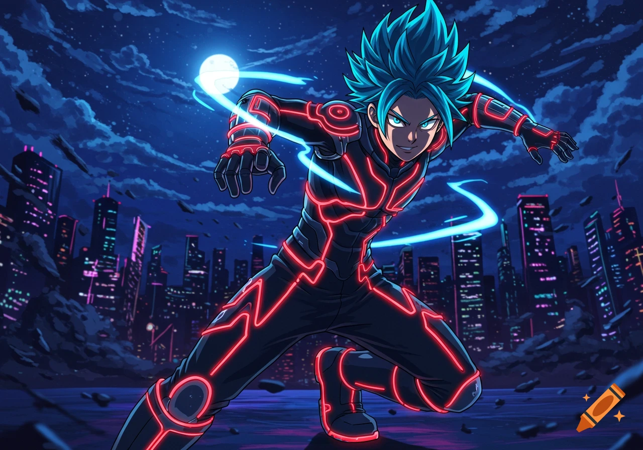 Anime superhero with blue spiky hair and a black suit with glowing red lines, posing in a futuristic city at night under a full moon.