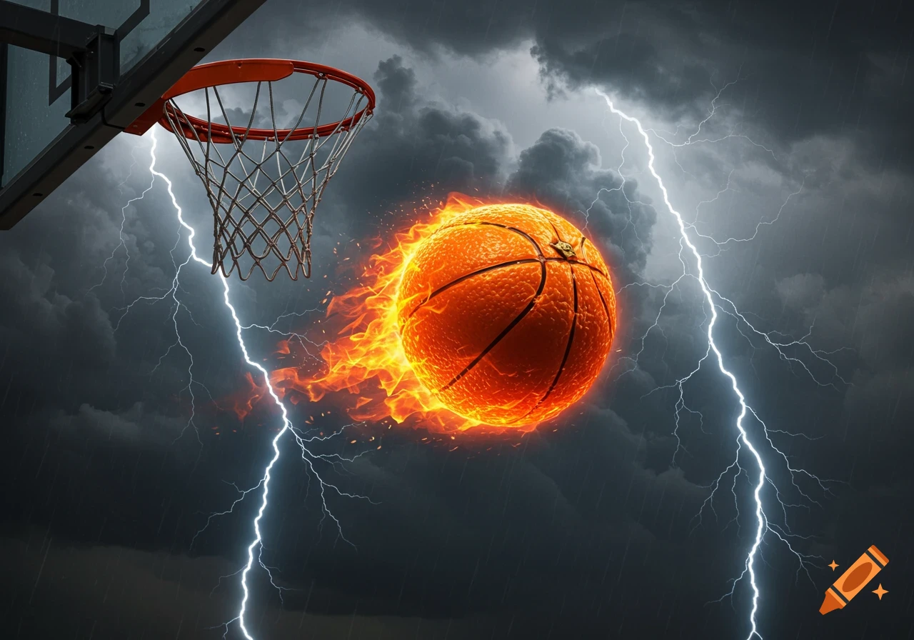 A flaming basketball near a hoop, with intense lightning strikes and dark, stormy clouds in the background.