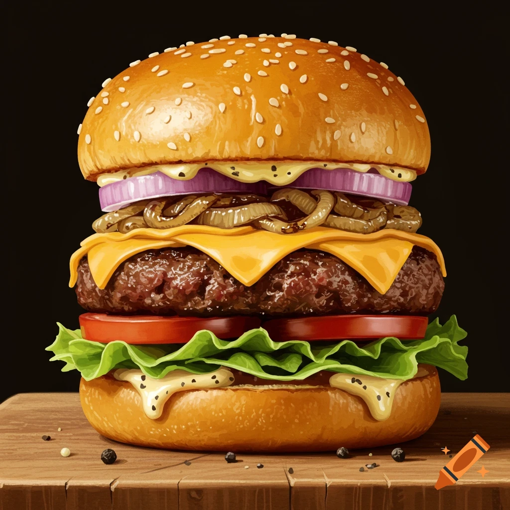 A detailed close-up of a delicious hamburger with a sesame seed bun, lettuce, tomato, cheese, patty, caramelized onions, and red onions, on a rustic wooden surface.