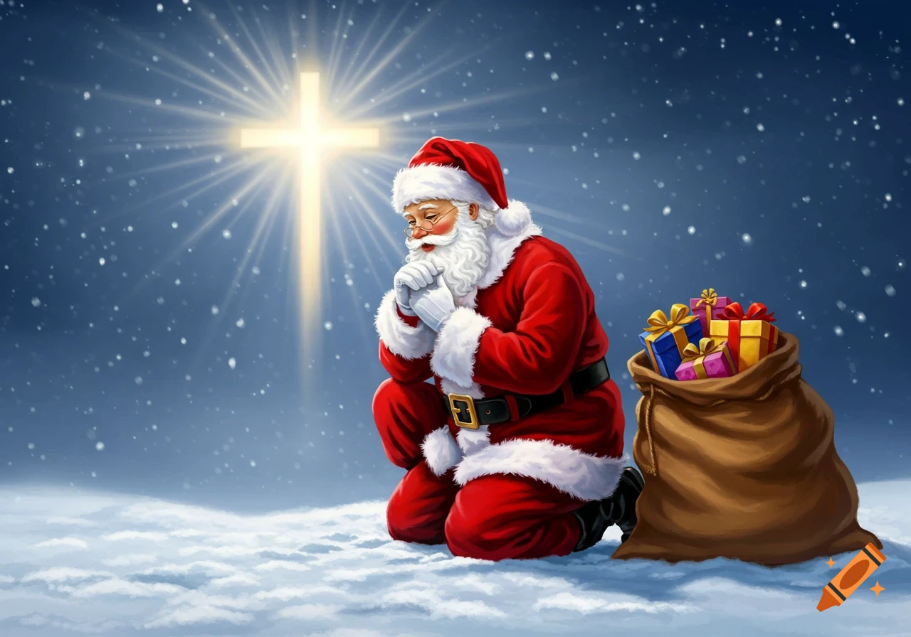 Illustration of Santa Claus kneeling in snow, praying before a glowing cross, with a sack of gifts.