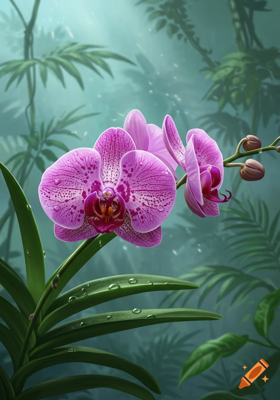 Close-up of vibrant pink and purple orchids with water droplets on green leaves in a lush, misty jungle setting, digital art.