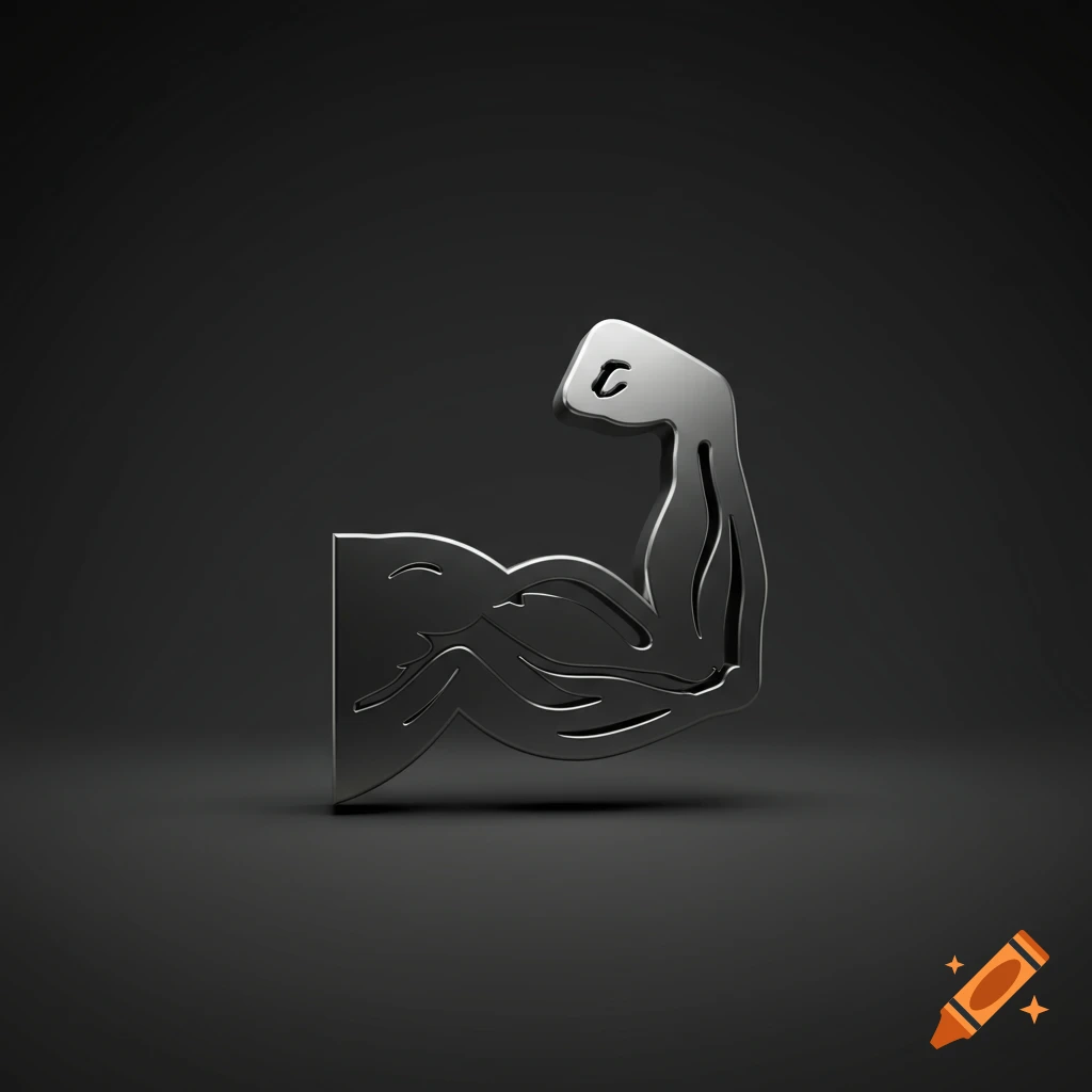 A shiny metallic 3D icon of a flexing bicep on a dark gray background.