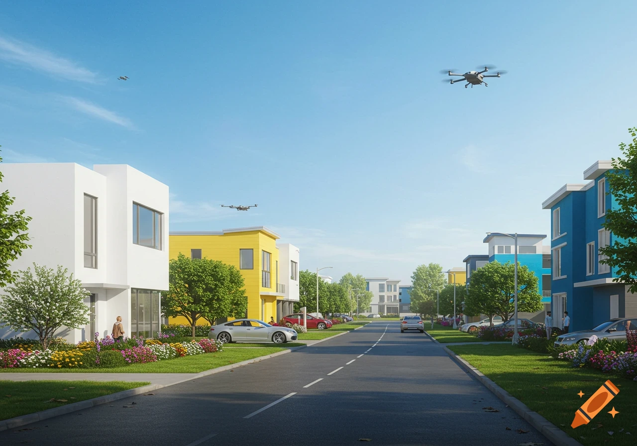 Photorealistic view of a modern urban street with colorful houses, cars, and several drones flying in a clear blue sky.