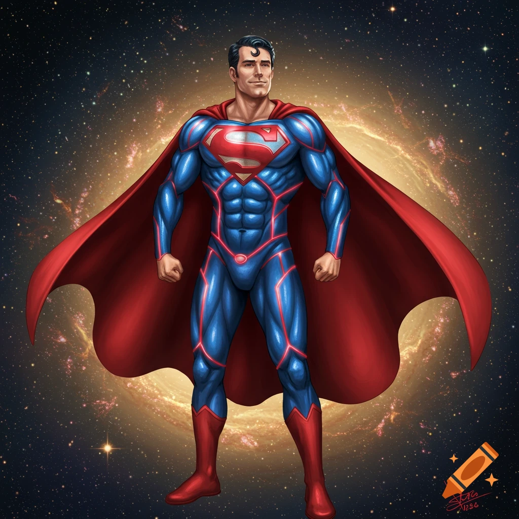 A muscular superhero resembling Superman, wearing a blue and red suit with an 'S' emblem, stands heroically in front of a swirling galaxy and stars.