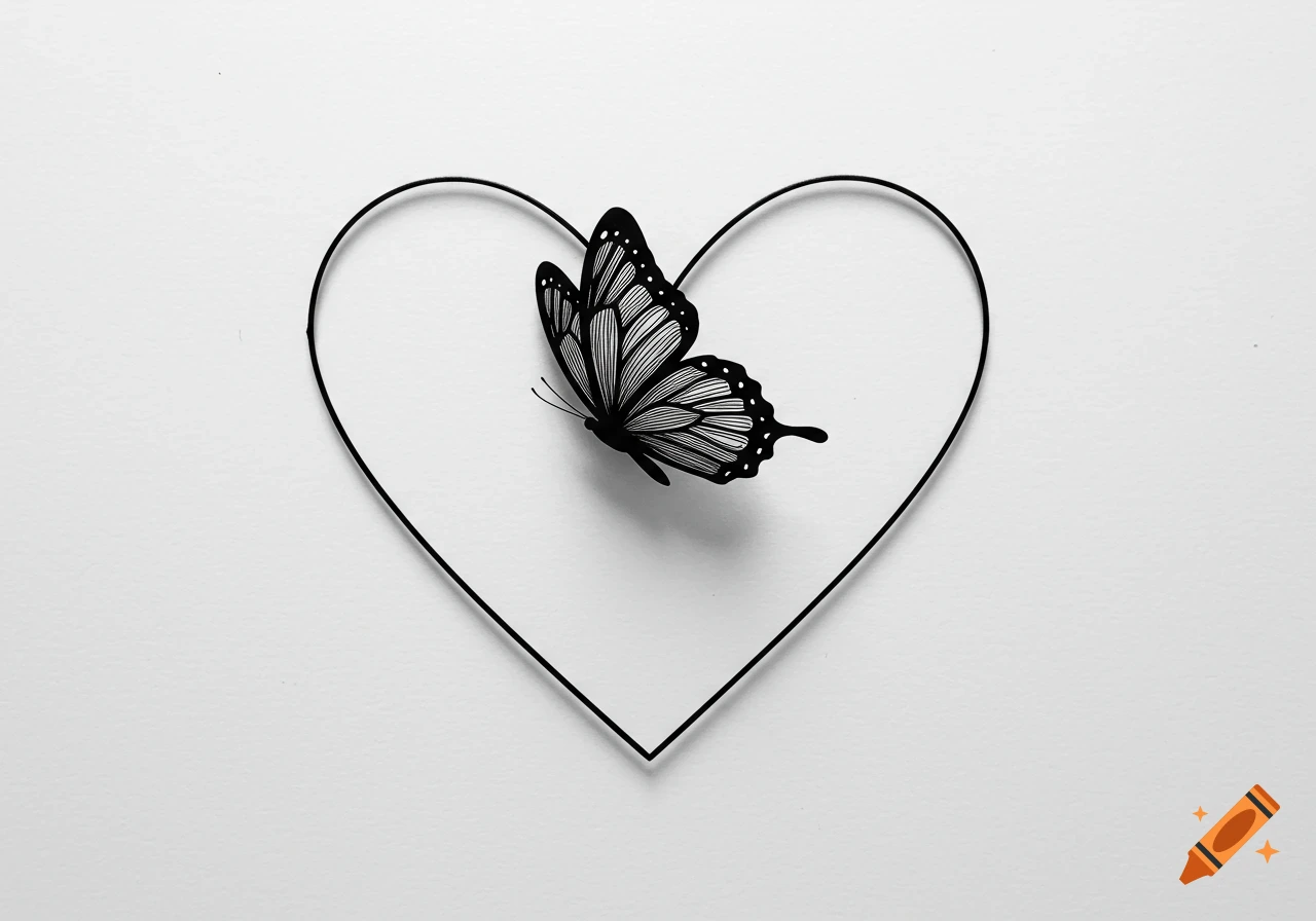 Minimalist black and white illustration of a butterfly with striped wings resting on a heart outline.