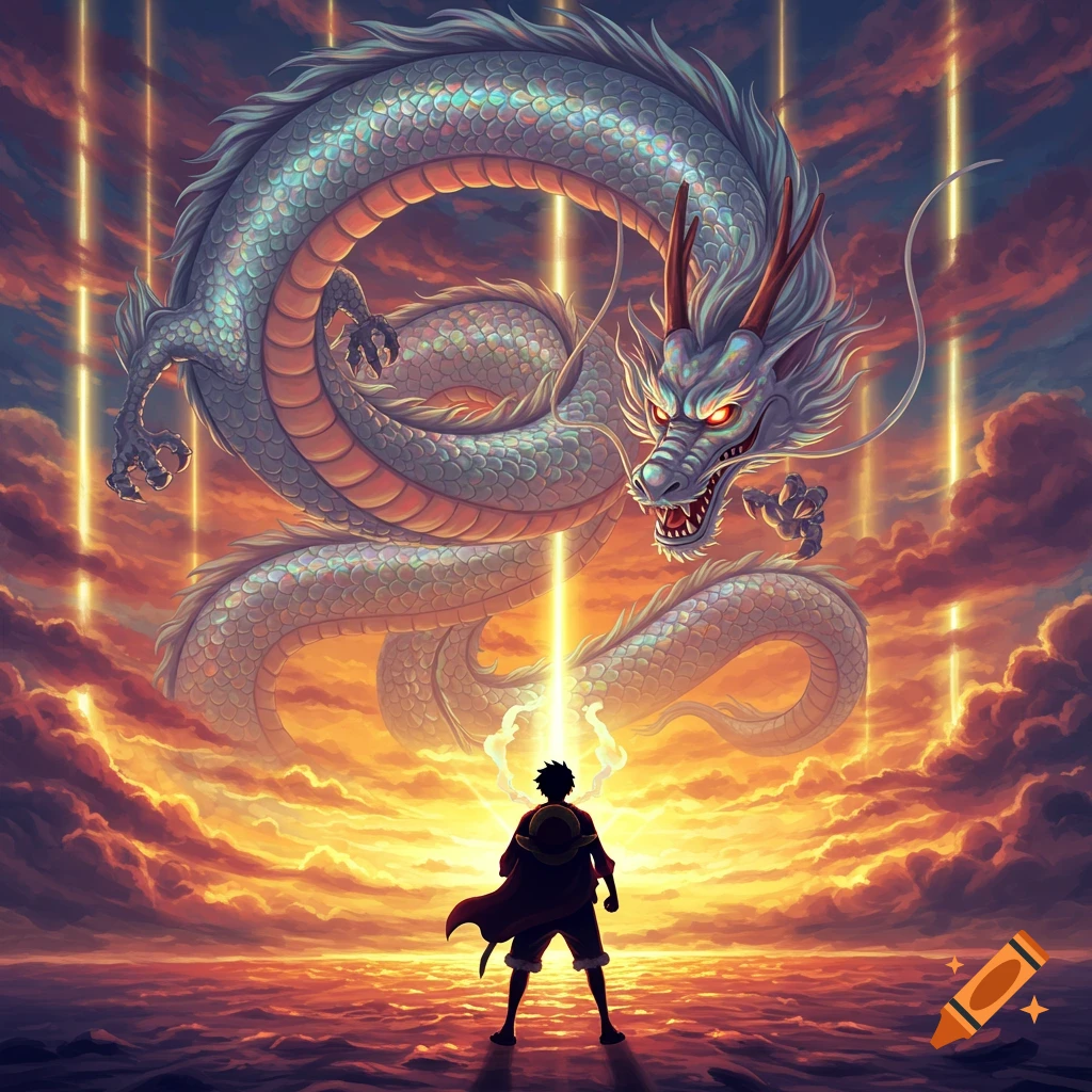 Luffy silhouette faces a massive dragon amidst a dramatic orange sky with glowing light rays above a dark ocean, anime style.