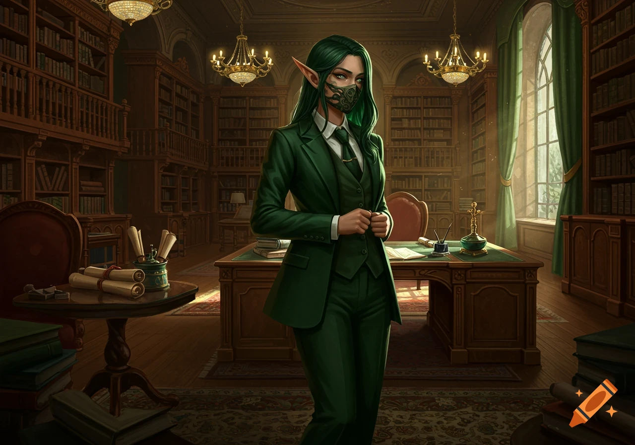 A female elf with long green hair and pointed ears, wearing a dark green office suit and a stylish face mask, stands in a grand library.