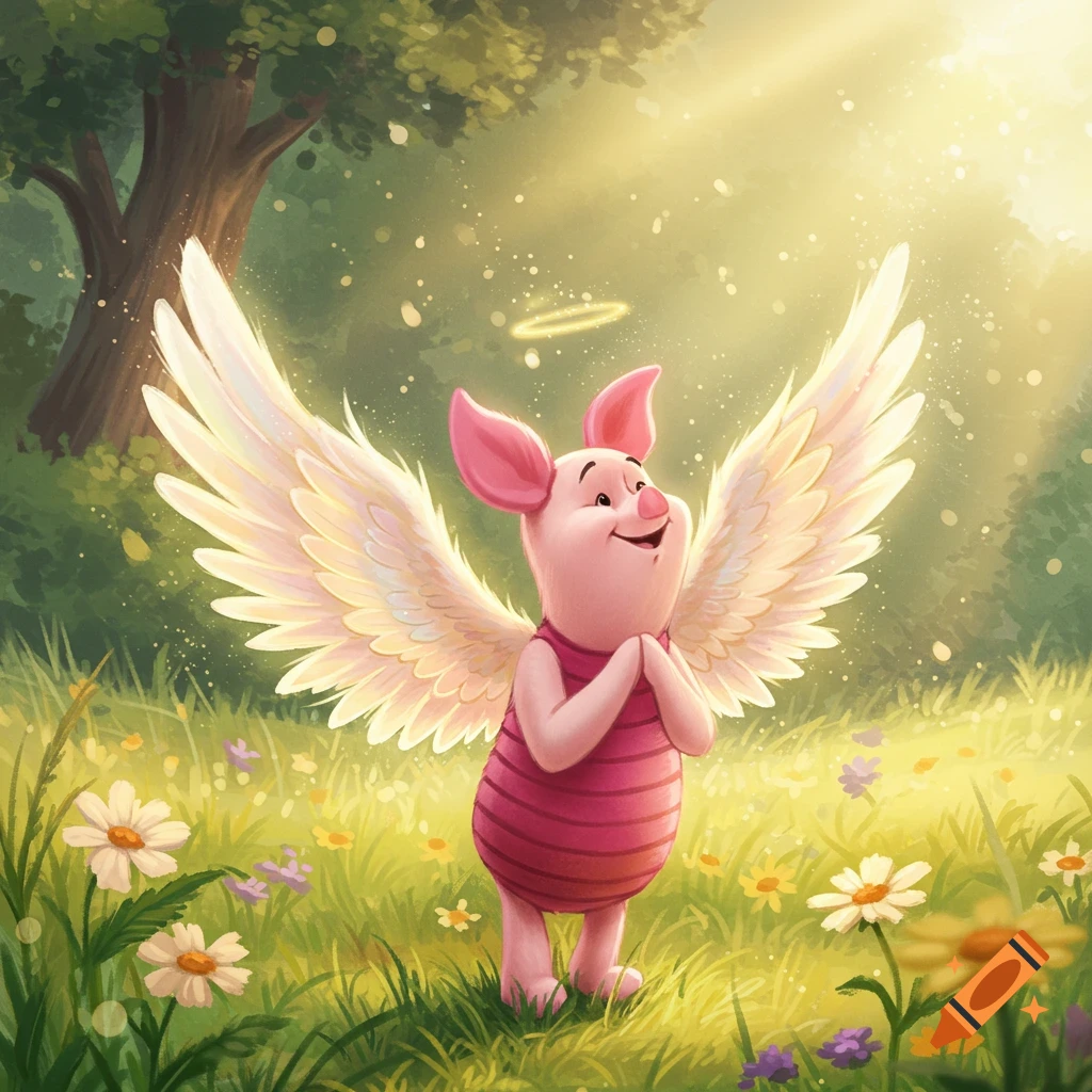 Cartoon Piglet with angel wings and a halo, standing in a sunny meadow with flowers and a tree.