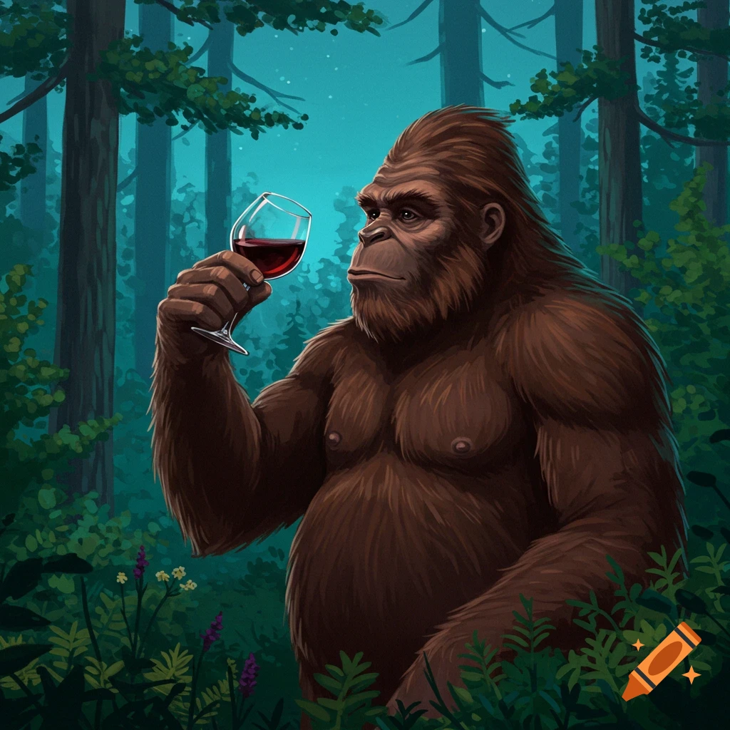 A large, hairy Sasquatch stands in a dark forest, holding a wine glass filled with red wine. Stylized illustration.