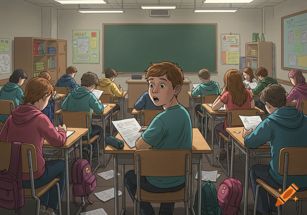 A cartoon illustration of students in a classroom. Most students are focused on their papers, while one boy in the foreground looks back shocked.
