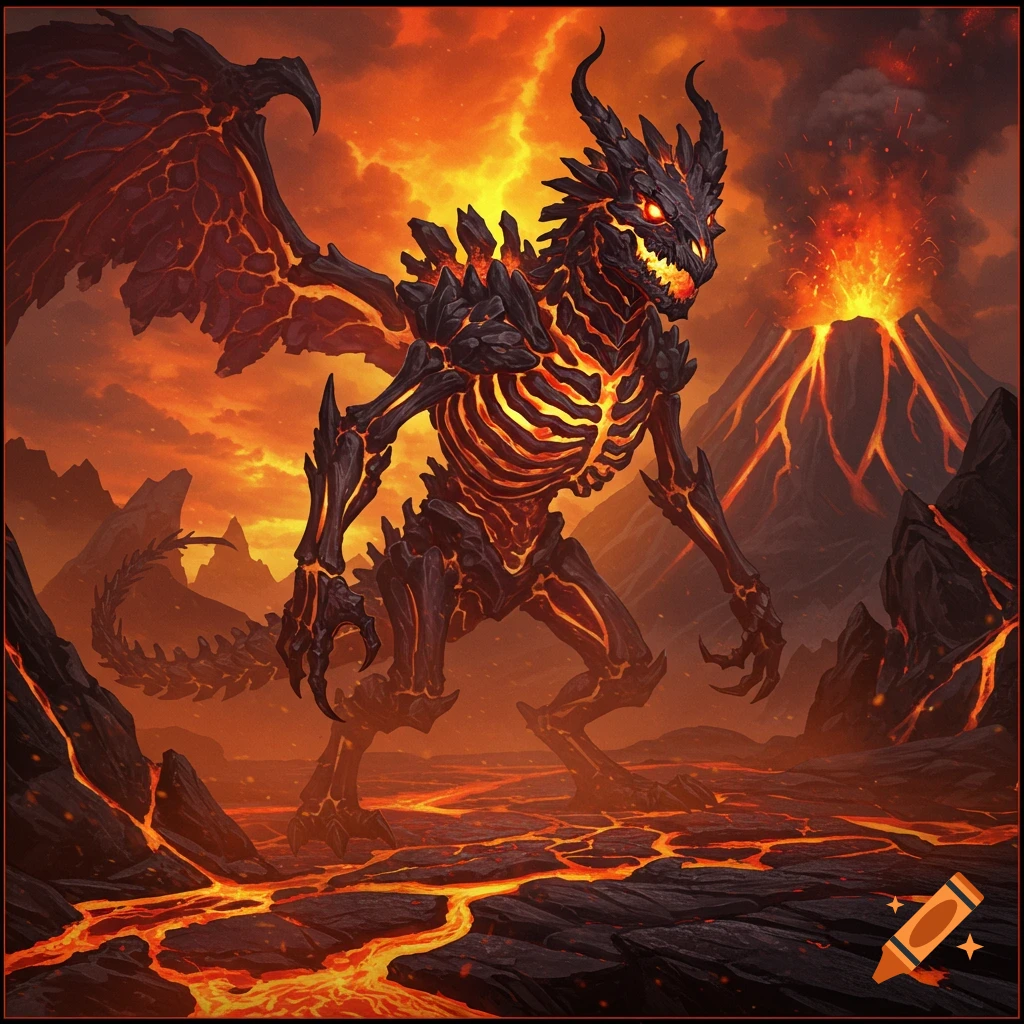 A formidable, dark, lava-infused monster with glowing red eyes stands on a volcanic landscape with an erupting volcano in the background.