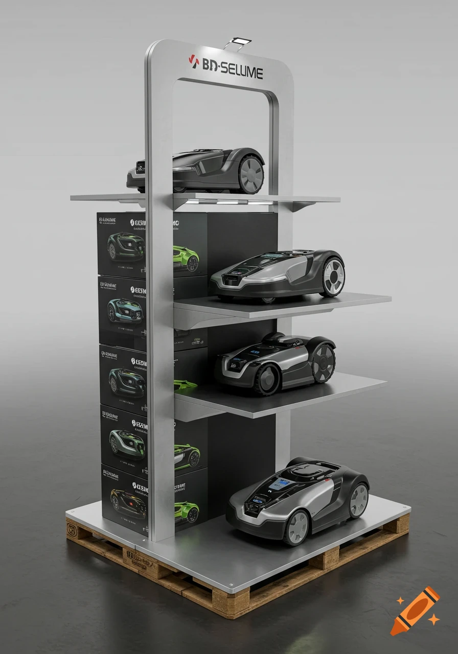 A photorealistic display stand with multiple shelves holding boxes and three silver and black robotic mowers, on a wooden pallet.
