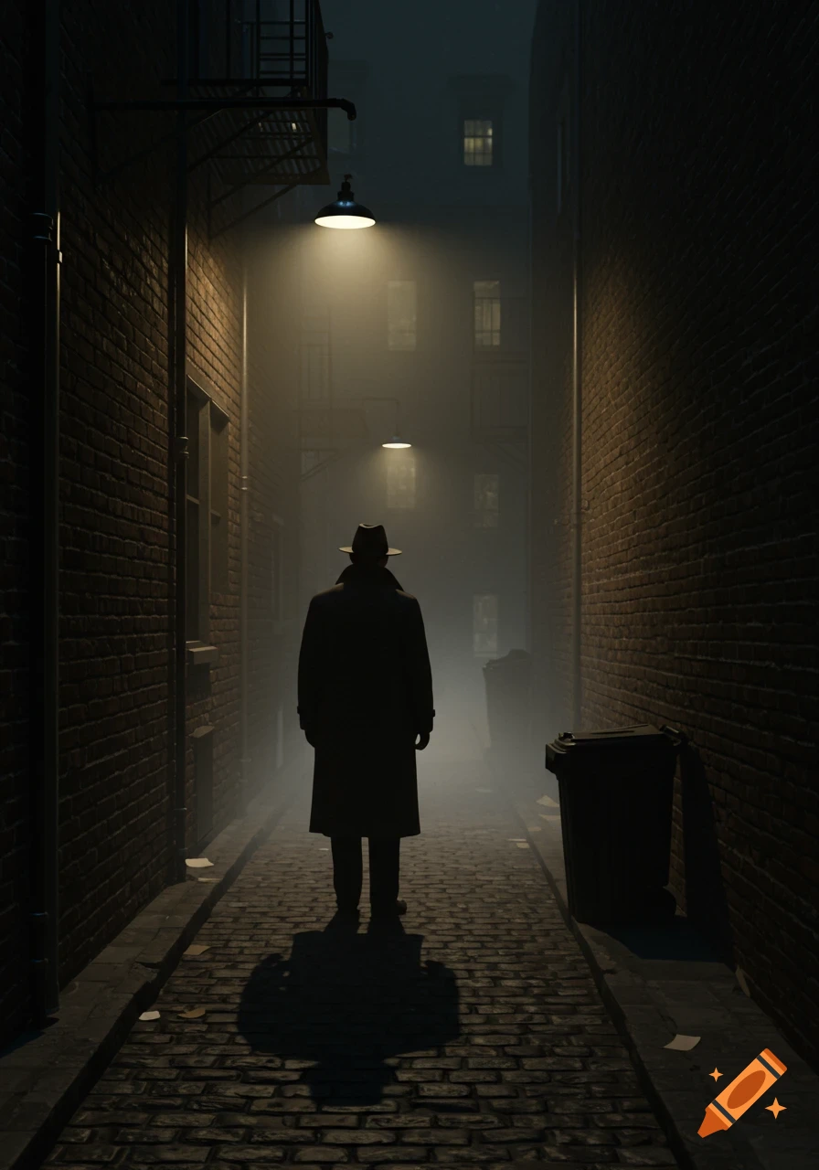 A man in a trench coat and fedora stands in a dark, foggy urban alley at night, illuminated by streetlights.