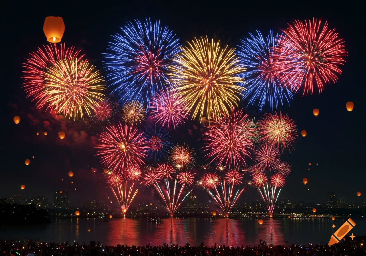 Vibrant fireworks and sky lanterns illuminate the night sky above a city skyline, reflected in the water, with a crowd gathered below.