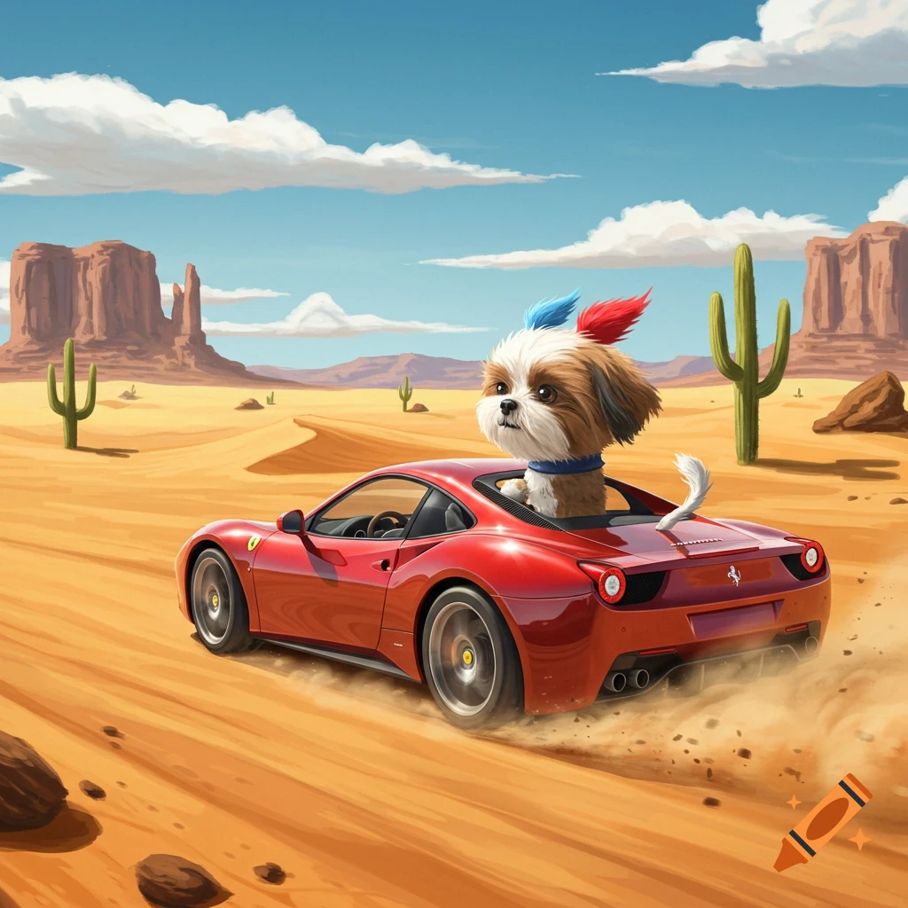 A cartoon Shih Tzu with red and blue ears drives a red Ferrari sports car through a sunny desert landscape with cacti and mesas.