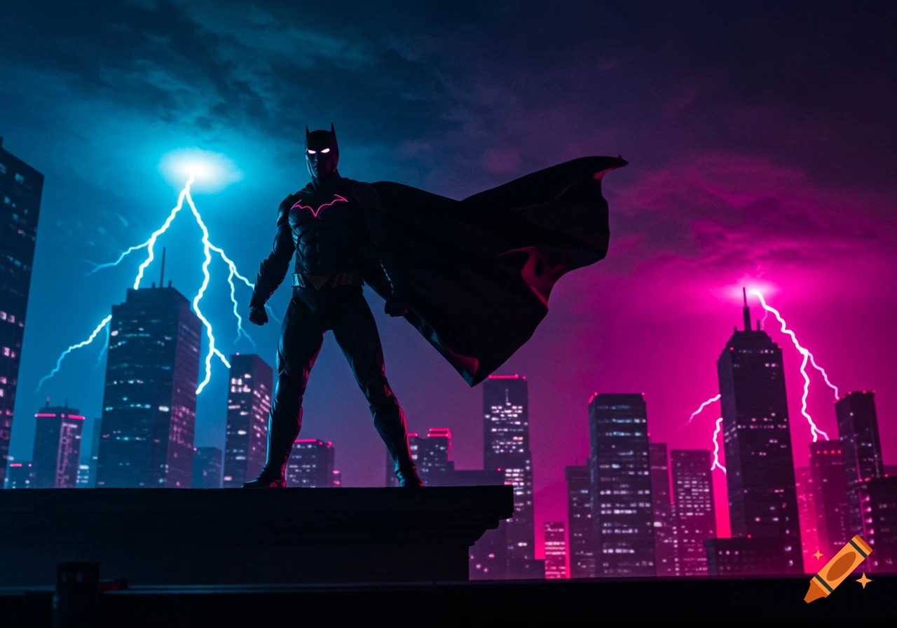 Batman stands heroically on a skyscraper rooftop in a neon-lit city during a lightning storm, glowing eyes visible under his cowl.