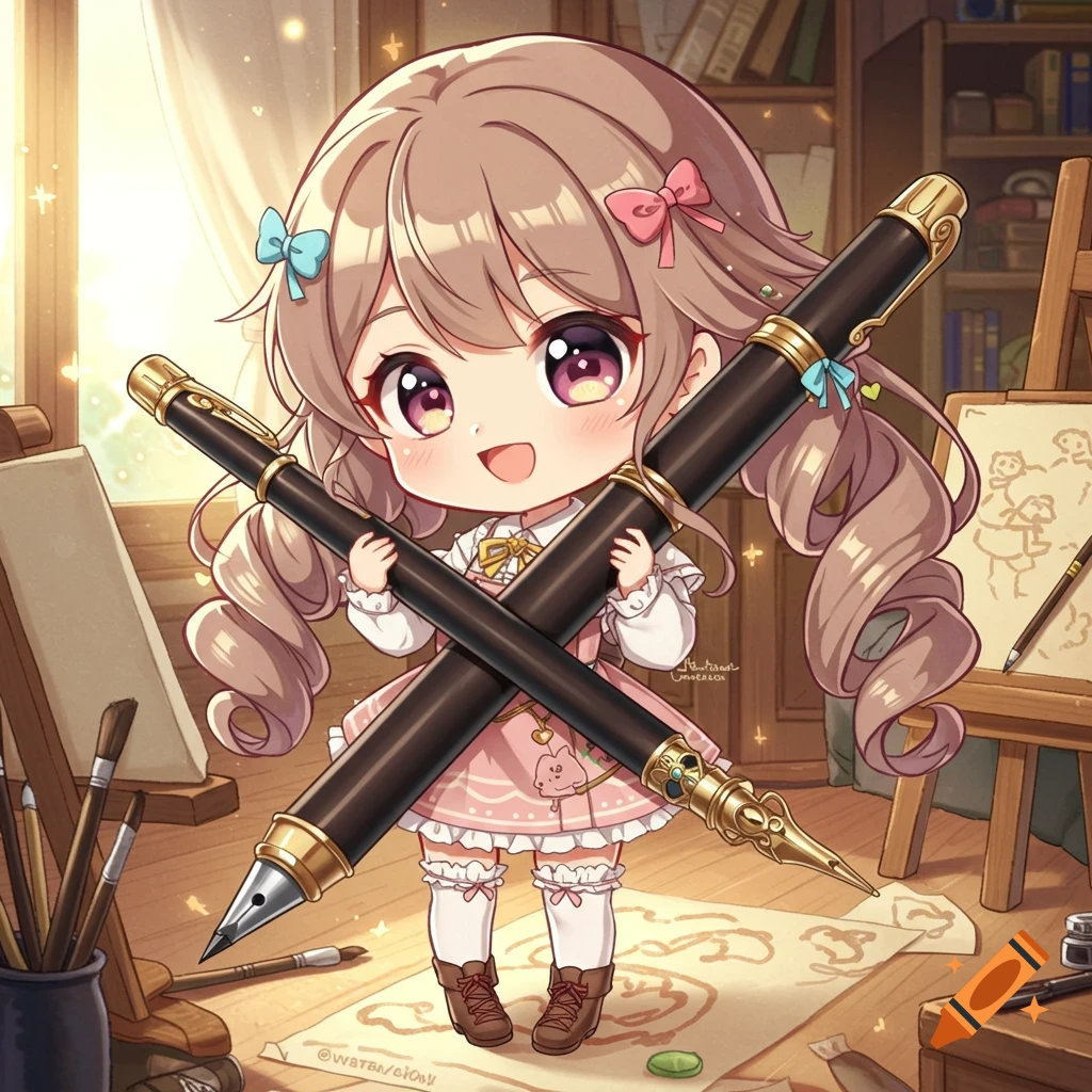 Anime chibi girl with brown hair in a pink dress holds two large crossed fountain pens in an artist's studio with an easel.