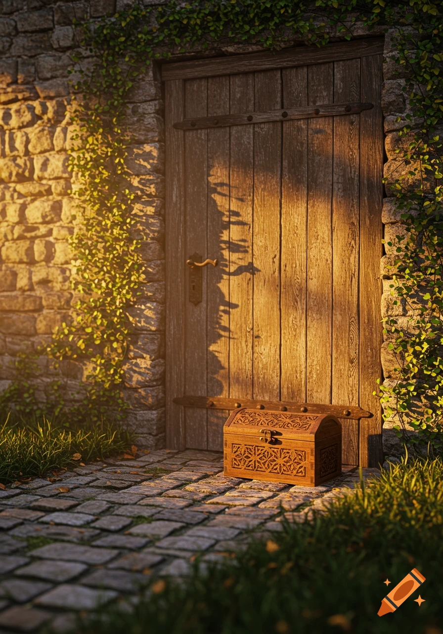 A weathered wooden door in a stone wall covered with ivy, with a carved wooden chest on cobblestones, illuminated by warm sunlight.