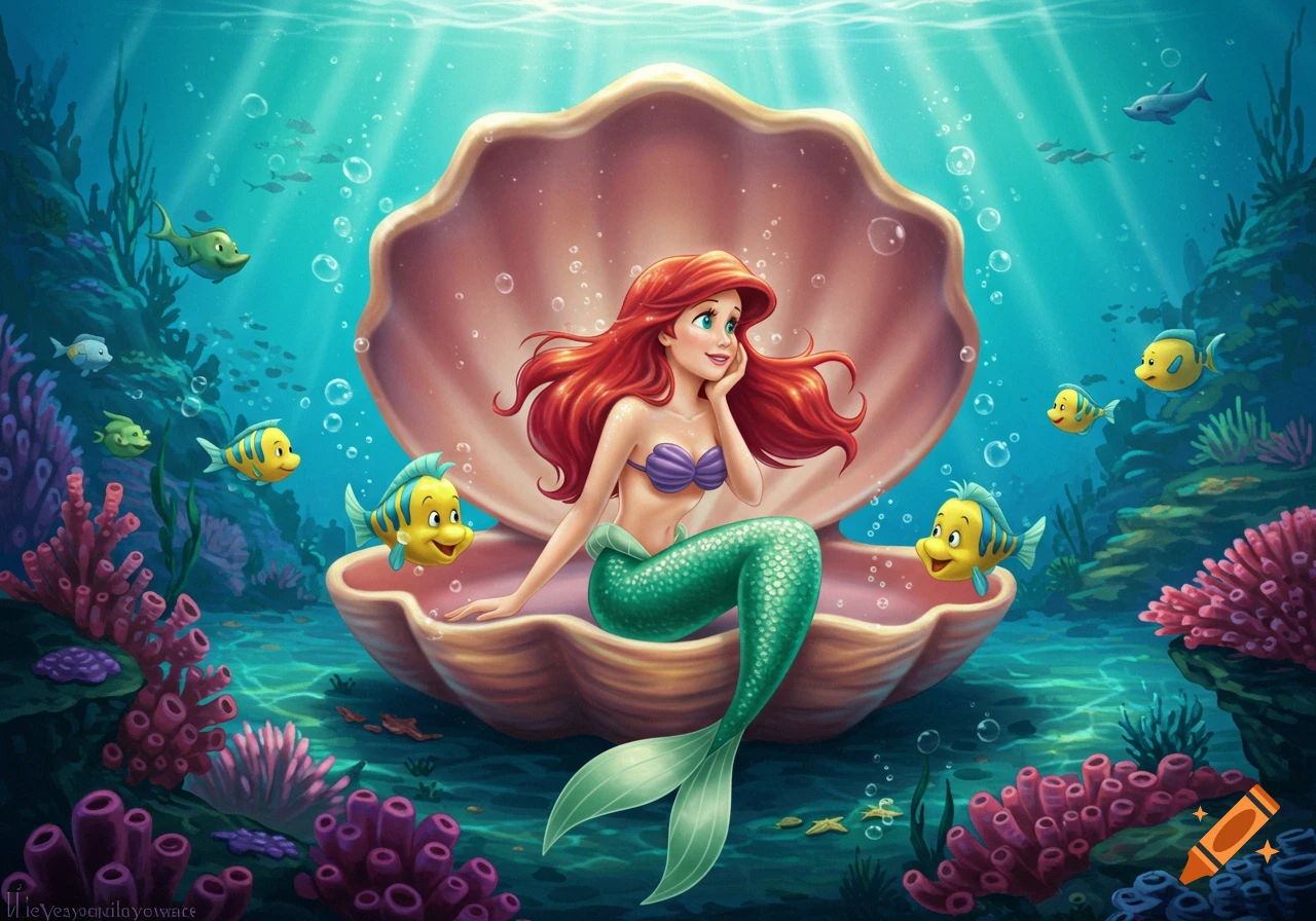 Cartoon mermaid Ariel with red hair sitting in a large open clamshell on the ocean floor, surrounded by colorful coral and cheerful fish.
