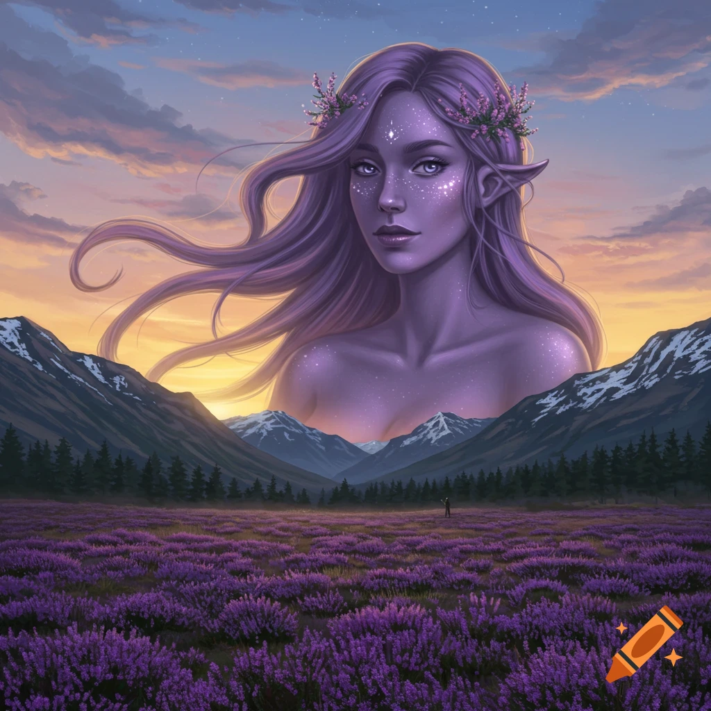 Giant purple fantasy woman with flowers in her hair, overlooking a lavender field, mountains, and a sunset sky.