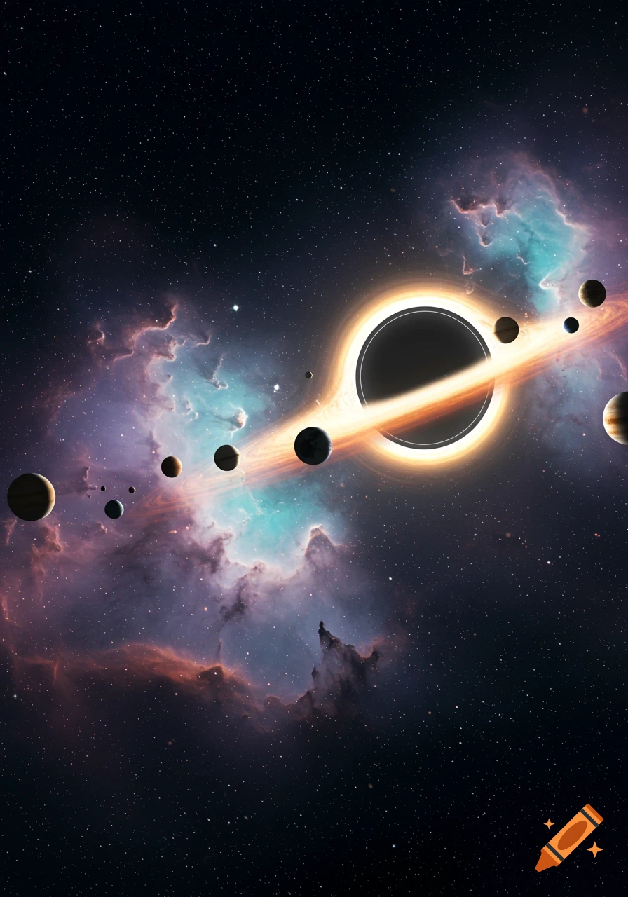 A black hole with a bright orange accretion disk surrounded by numerous planets, colorful nebulas, and stars in deep space.
