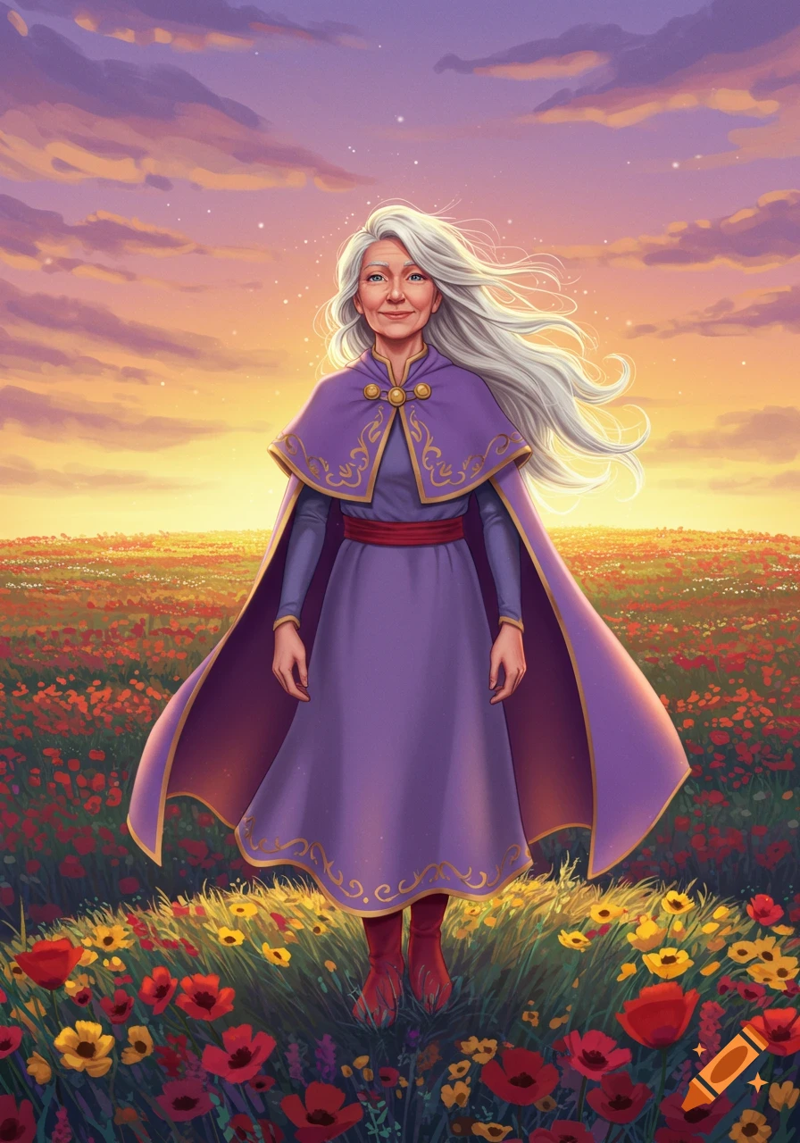Digital illustration of an elderly woman with white hair and a purple cape standing in a field of colorful flowers at sunset.