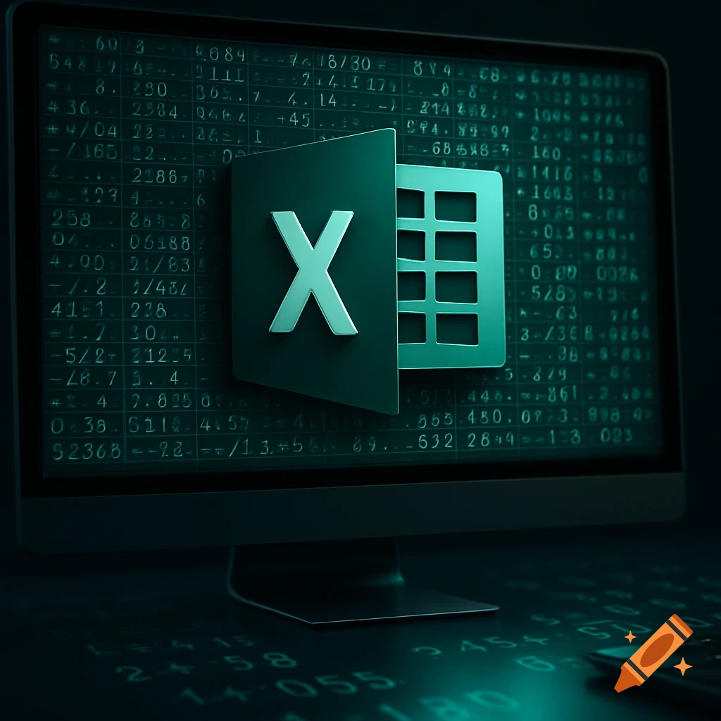 Microsoft Excel logo prominently displayed on a computer screen showing green numerical data and math computations.