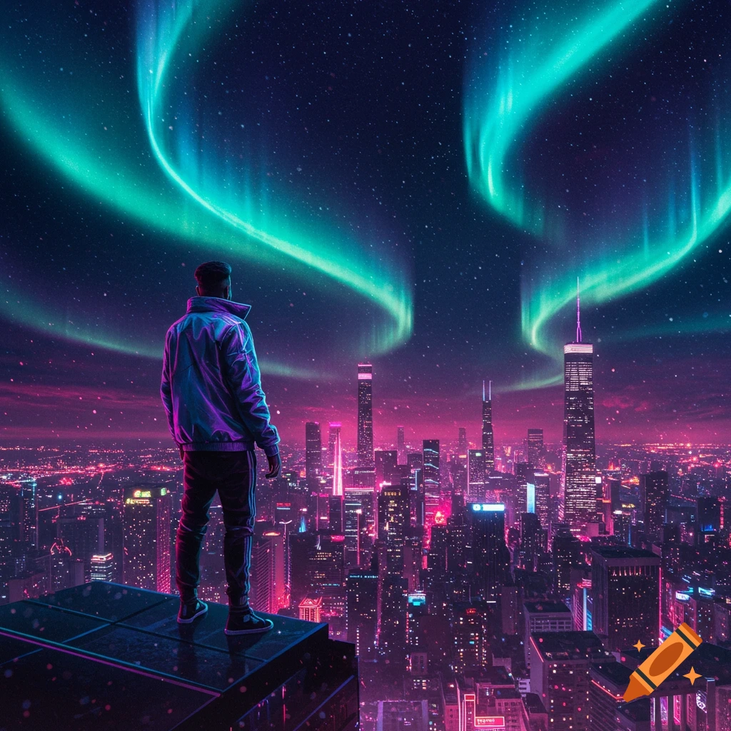 A person in a futuristic jacket stands on a skyscraper rooftop, looking at a neon-lit city skyline under a vibrant green aurora.