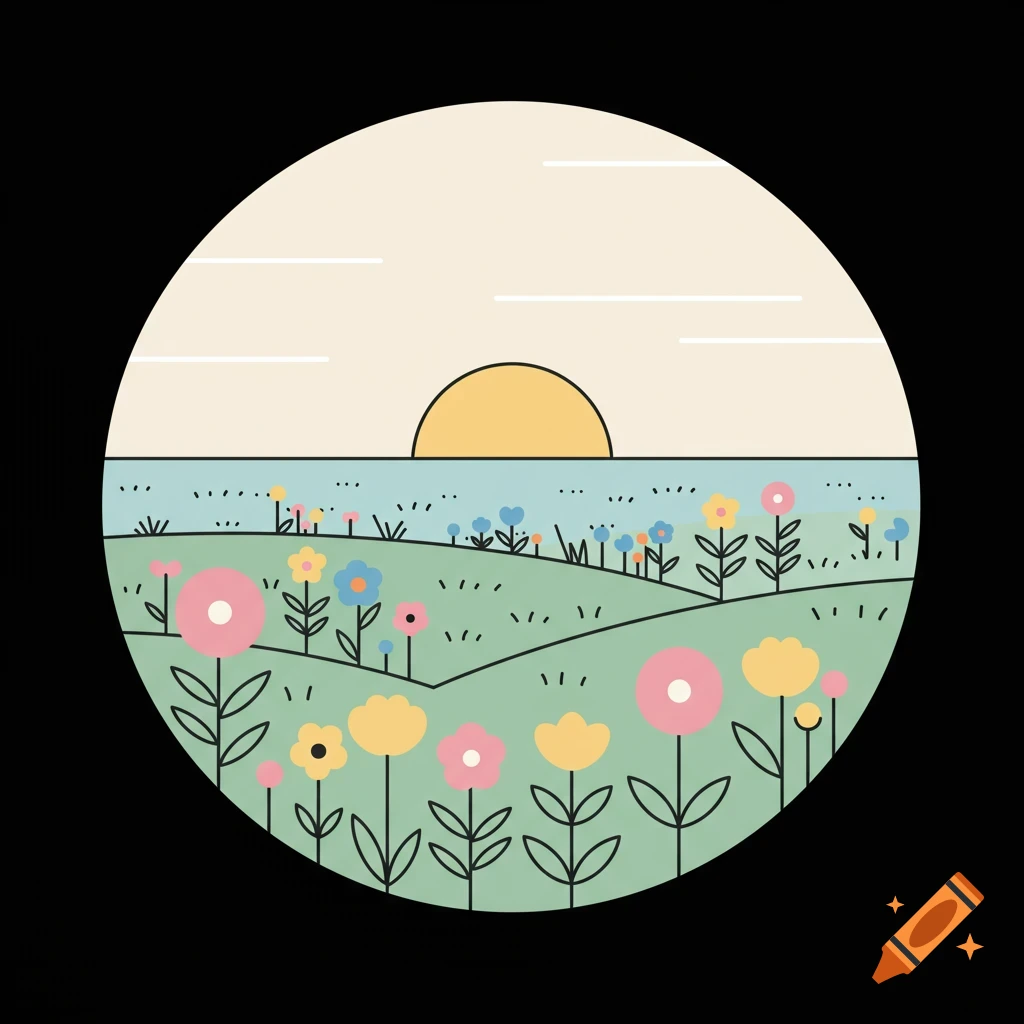 Circular pictogram illustration of a colorful flower field with green grass, a blue sea, and a yellow sunset against a cream sky.